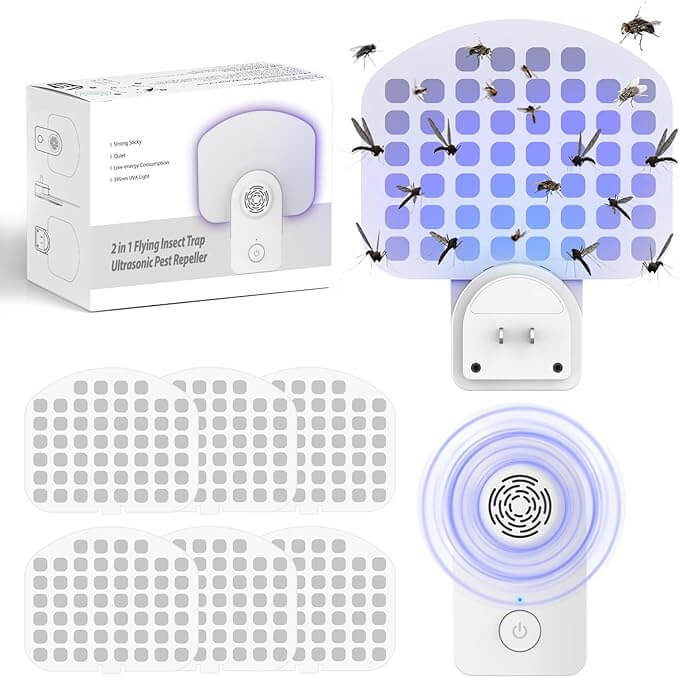 2 in 1 Flying Insect Trap Plug in & Ultrasonic Pest Repeller, Mosquito Zapper Indoor with Night Light UV Attractant Catcher, Safer Home Indoor Fly Trap(2 Devices + 6 Glueboards)